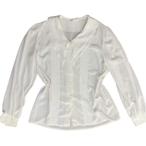 Vintage white sheer blouse, size L (~size 12). Two-layer wispy collar, puffy lon - Picture 1 of 4